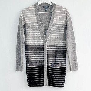 Griffen 100% Cashmere Striped Cardigan Grey Size Small